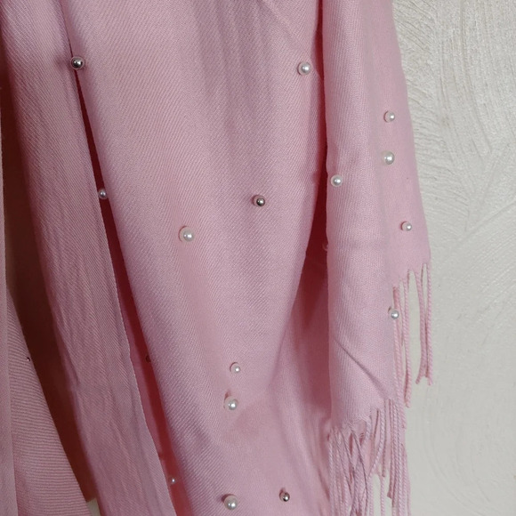 Pink Scarf/Shawl with Pearl and Silver Stud Accents Wide with Tassels - Picture 5 of 8